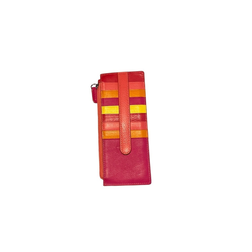 Ili New York Leather RFID Card Case Wallet Multi Color Striped Slim Zip Pouch
